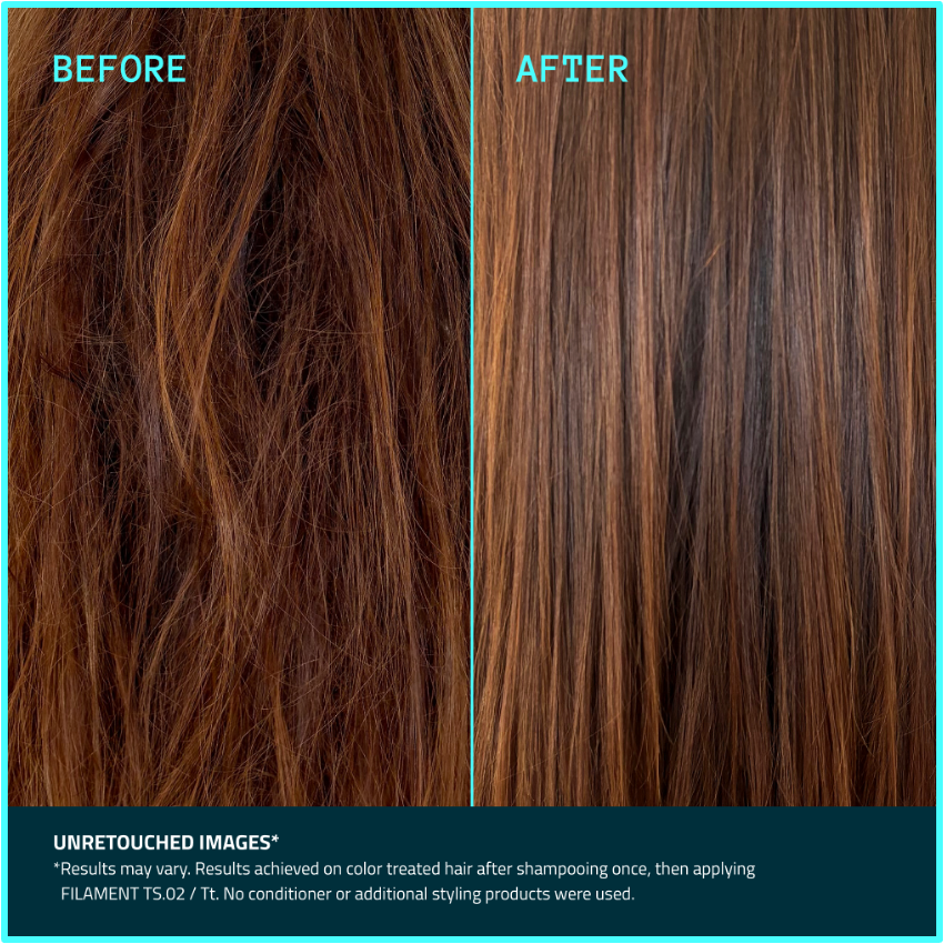 Before/after of hair: dry, dull brown to shiny, smooth brown.