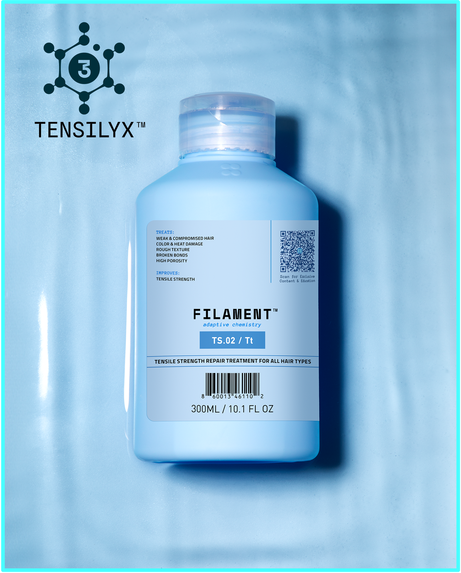 Blue bottle of FILAMENT TS.02 / Tt treatment with TENSILYX logo above.