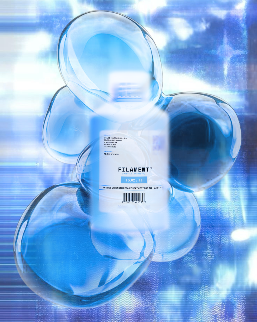FILAMENT bottle surrounded by transparent containers on a blue gradient background